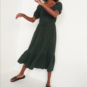 Puff-Sleeve Scoop-Neck Waist-Defined Midi Dress